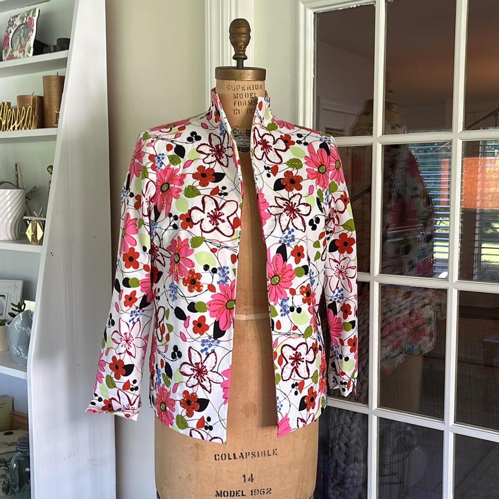 White and Pink Floral Blazer with Intricate Embroidery